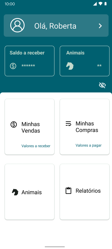 Tela inicial do aplicativo PRF com saldo, vendas, compras, animais e relatórios