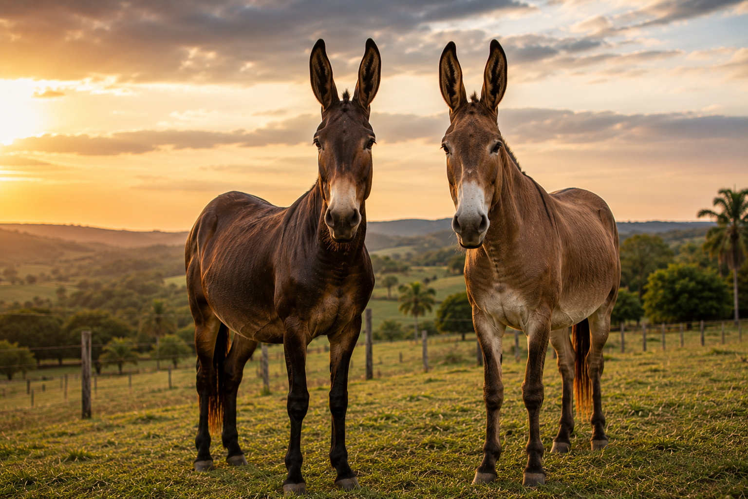 Muares em propriedade rural ao pôr do sol