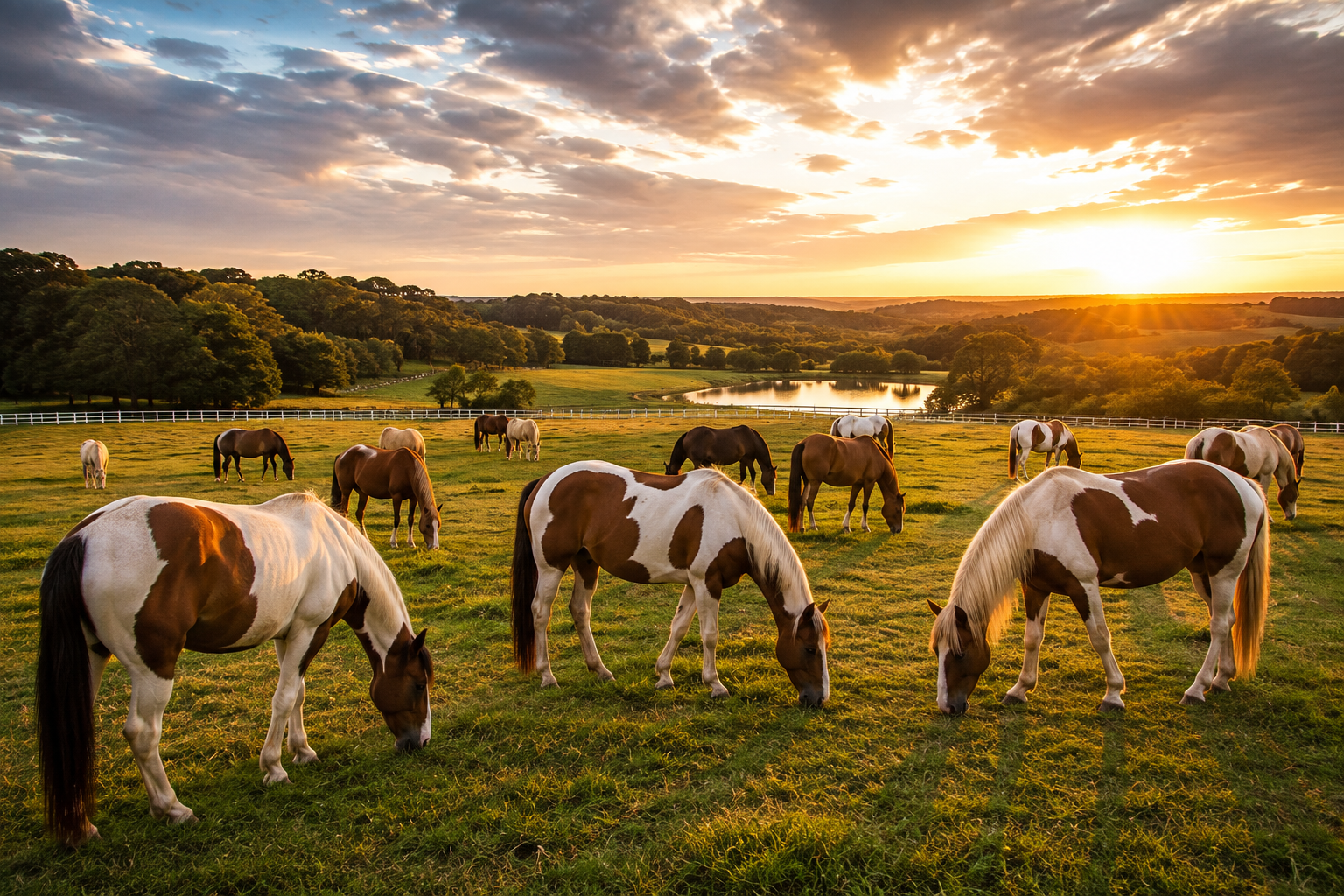 Cavalos em propriedade rural ao pôr do sol